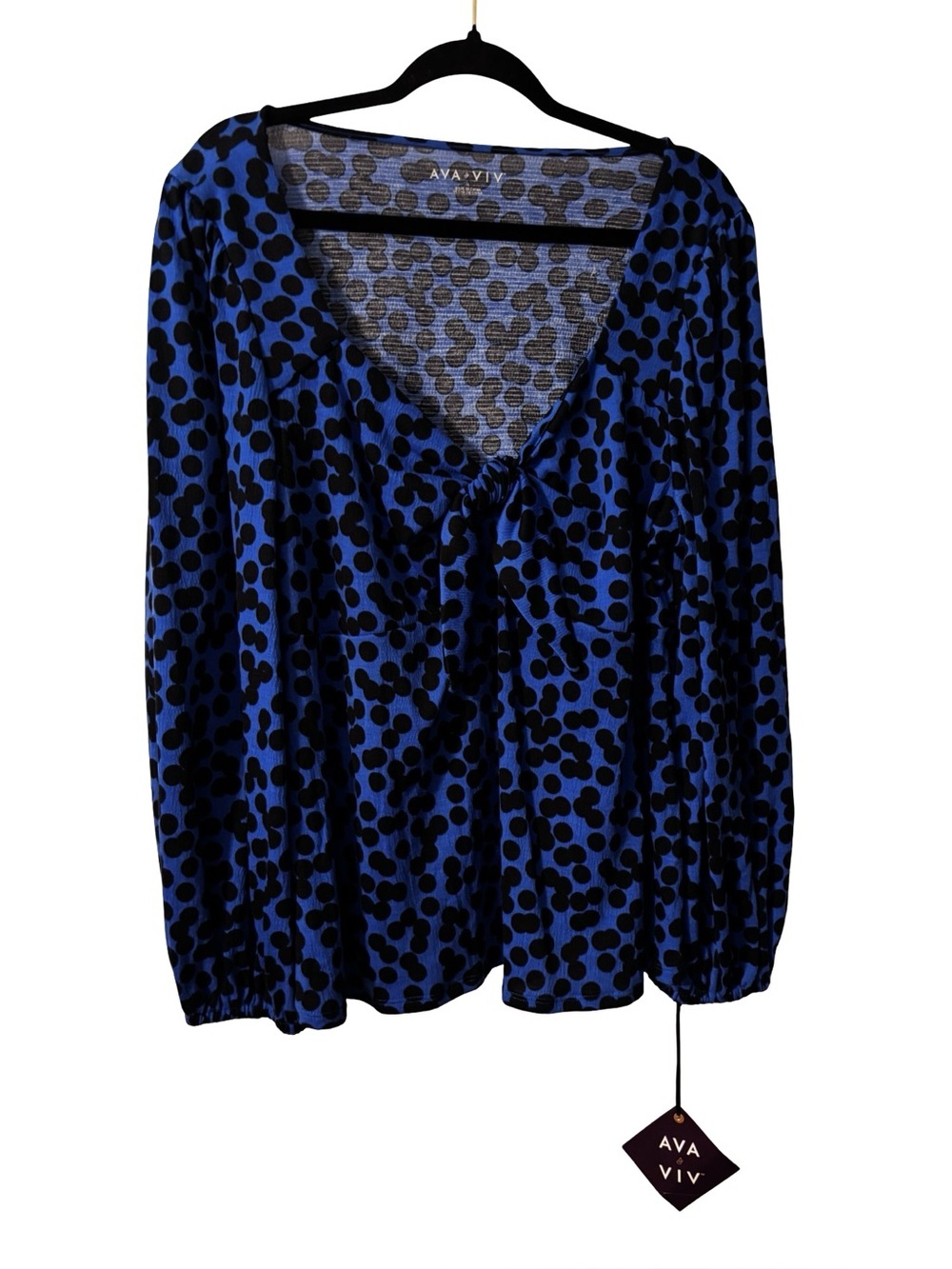 Ava & Viv Blue and Black Polka Dot V-Neck Blouse